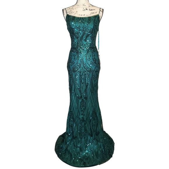 PromGirl Rated PG - Green Statement-Back Long Sequin Prom Dress - Picture 5 of 14
